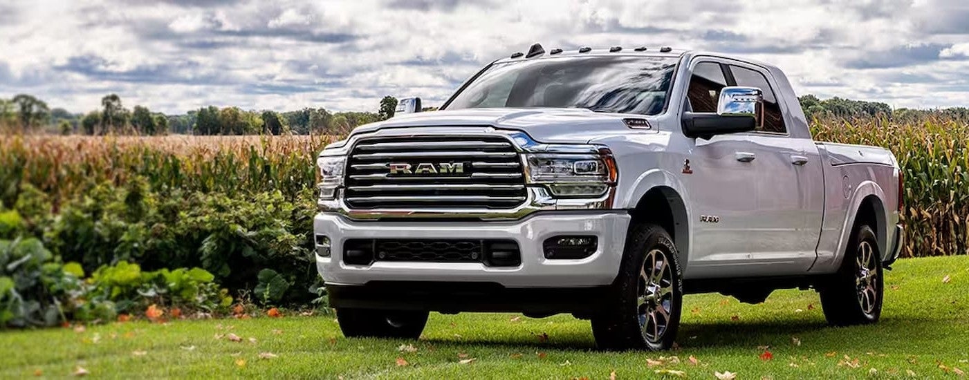 White 2025 Ram 2500 parked off-road near a field of wheat.